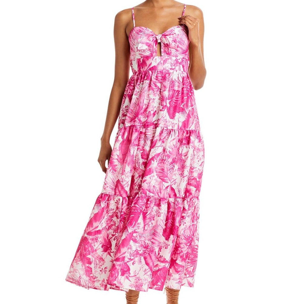 AQUA Tropical Print Tiered Midi Dress